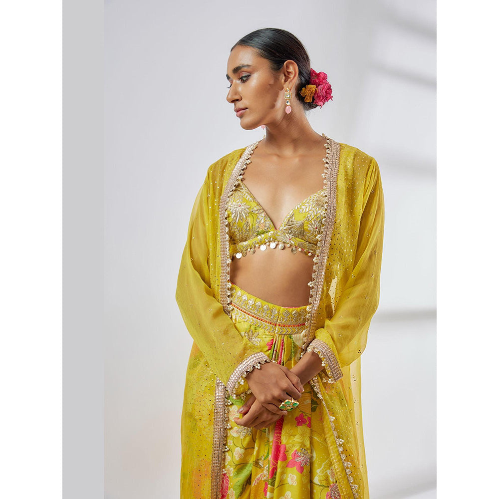Gopi Vaid Yellow Saisha Drape Skirt with Blouse and Jacket