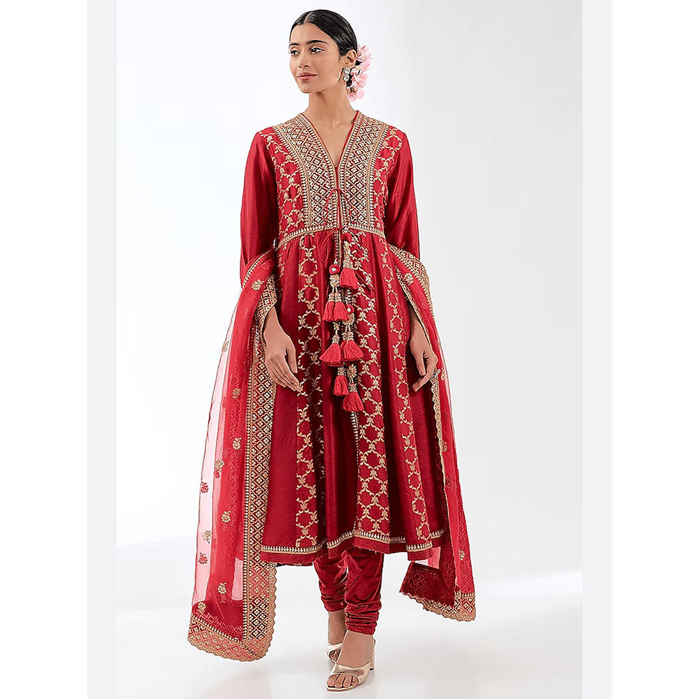 Gopi Vaid Red Marigold Brocade Anarkali with Churidar and Dupatta