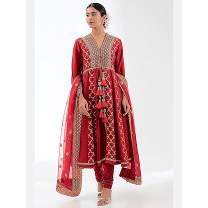Gopi Vaid Red Marigold Brocade Anarkali with Churidar and Dupatta
