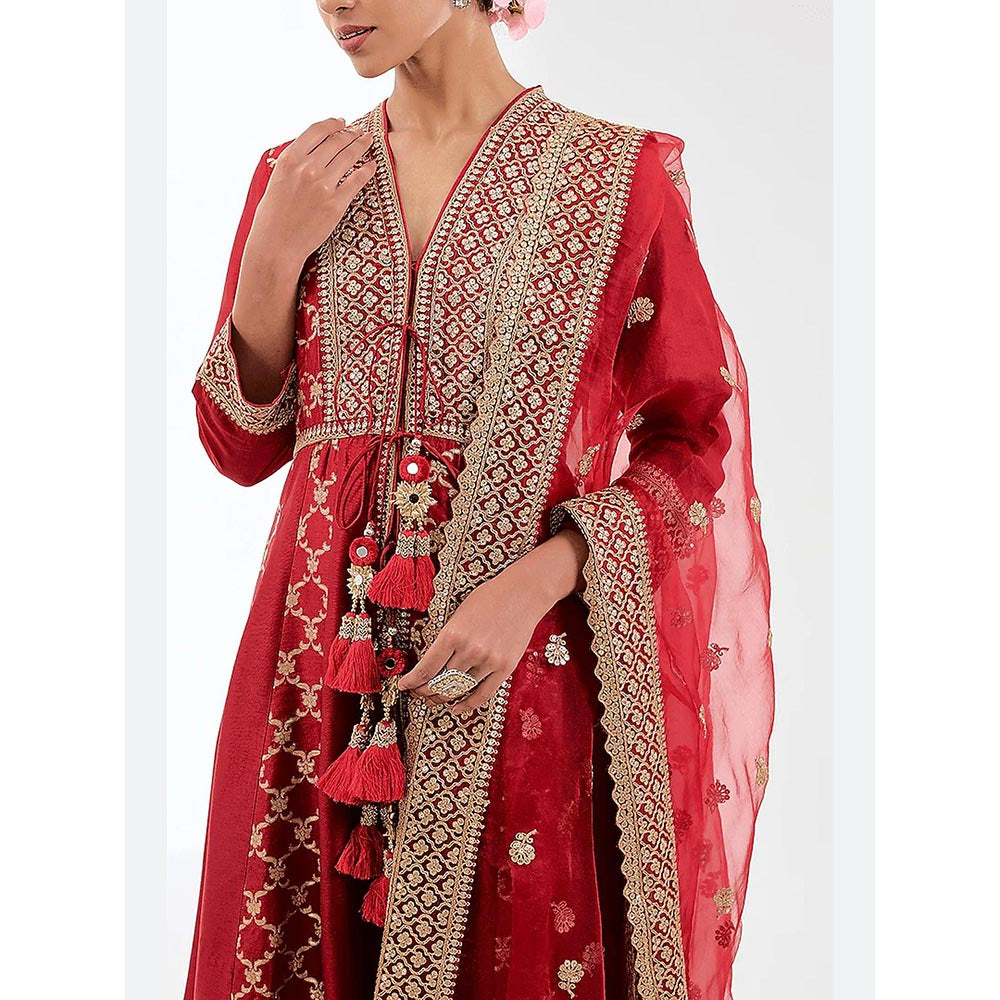 Gopi Vaid Red Marigold Brocade Anarkali with Churidar and Dupatta