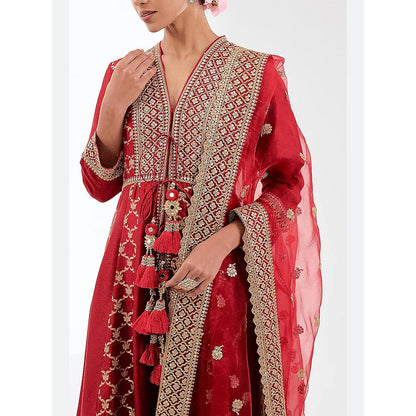Gopi Vaid Red Marigold Brocade Anarkali with Churidar and Dupatta
