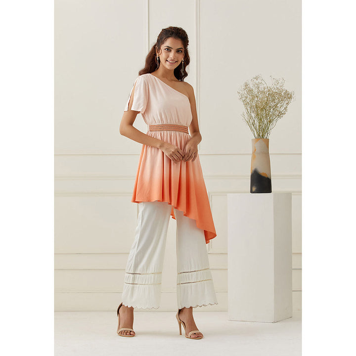 GRASS & SUNSHINE one Shoulder Ombre Kurta with Scalloped Pant (Set of 2)