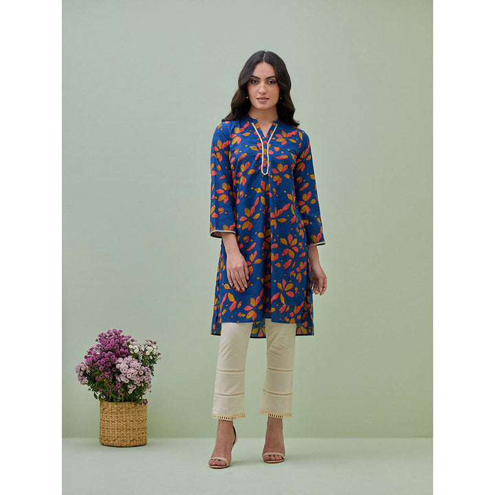 GRASS & SUNSHINE Blue Block Printed Kurta with Fitted Pants (Set of 2)