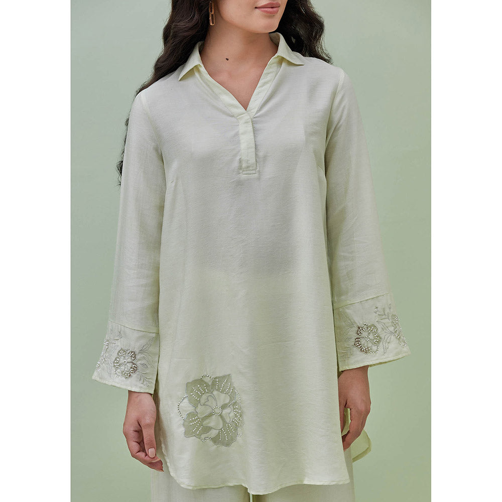 GRASS & SUNSHINE Light Green Applique Embroidered Top with Palazzo (Set of 2)