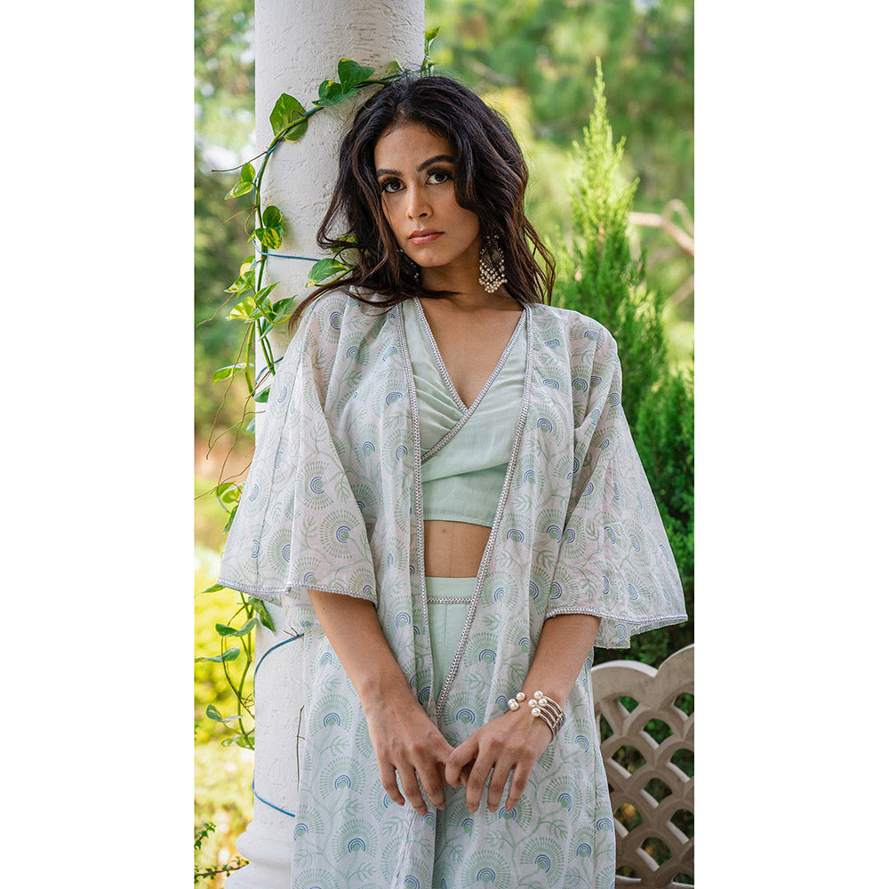 GRASS & SUNSHINE Sea Green Crop Top and Dhoti Pant with Chanderi Printed Jacket (Set of 3)