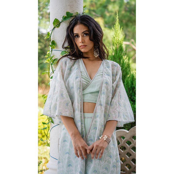 GRASS & SUNSHINE Sea Green Crop Top and Dhoti Pant with Chanderi Printed Jacket (Set of 3)