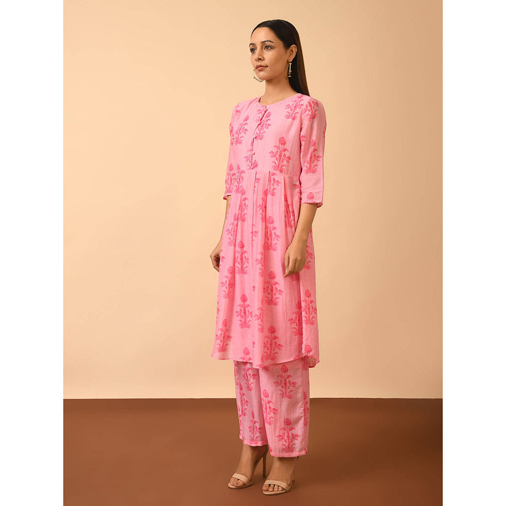 GRASS & SUNSHINE Pink Cotton Silk Kurta with Pant (Set of 2)