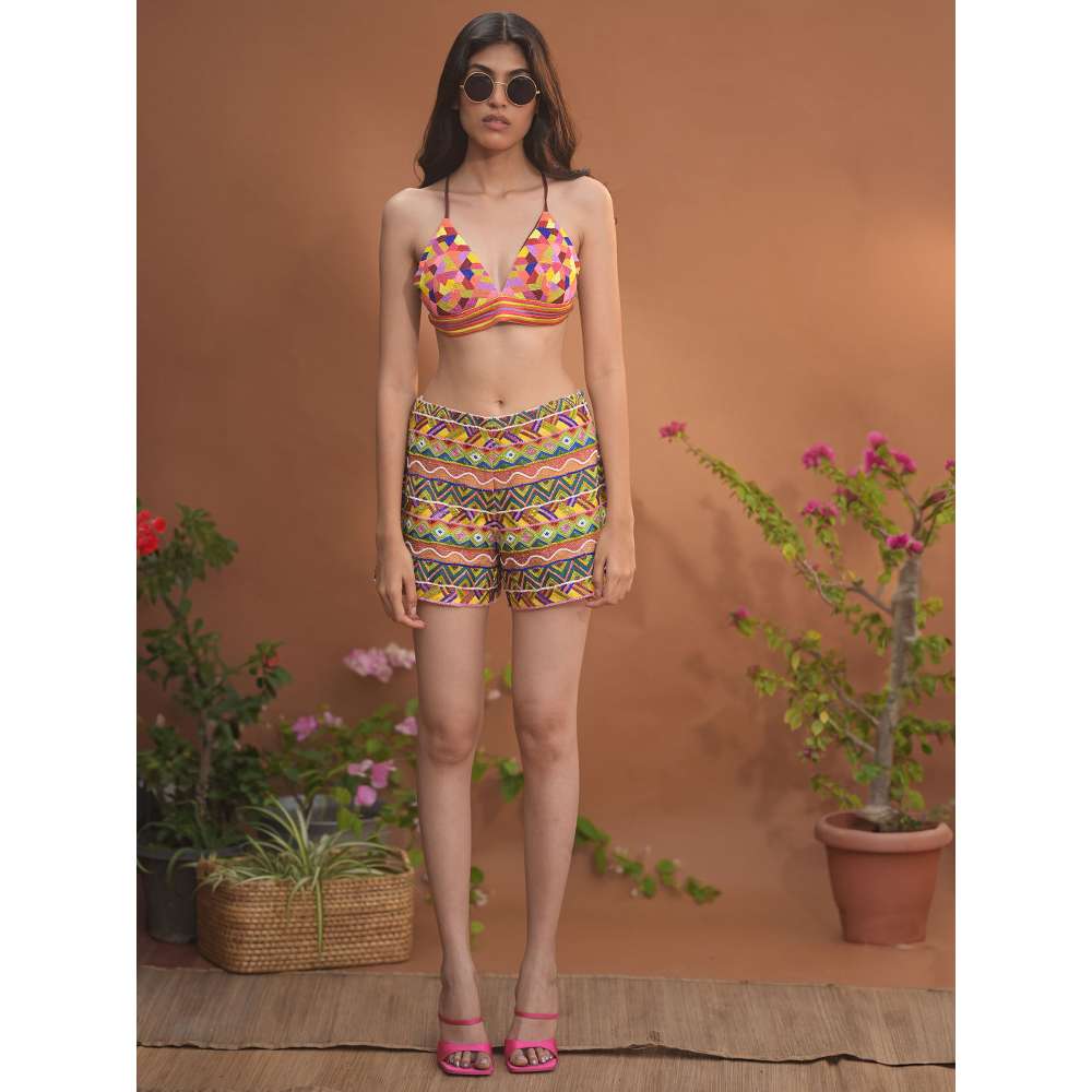 GUAPA Savannah Cotton Multi-Color Embroidered Bikini Top