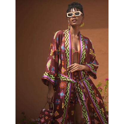 GUAPA Kalahari Mul Brown Printed Kaftan Robe with Belt (Set of 2)