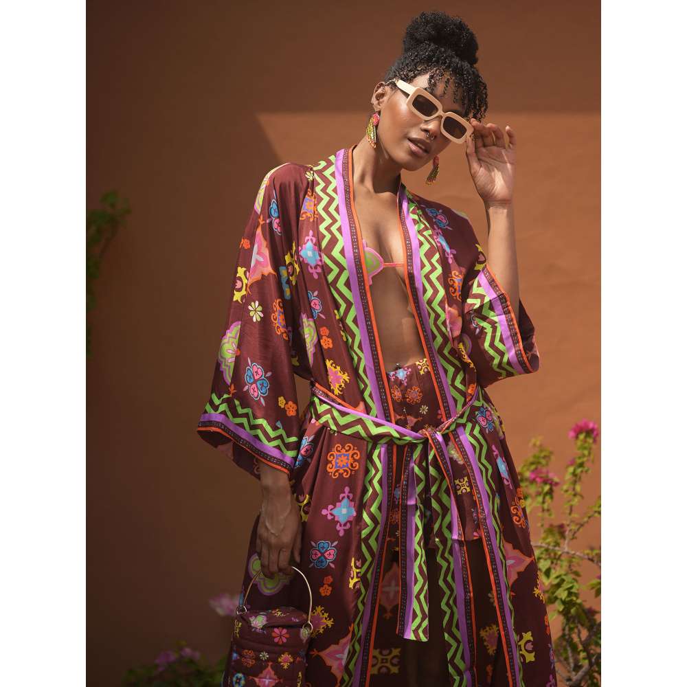 GUAPA Kalahari Mul Brown Printed Kaftan Robe with Belt (Set of 2)