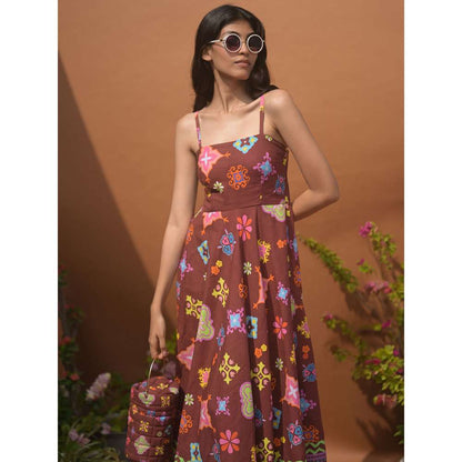 GUAPA Cleopatra Linen Brown Printed Midi Dress