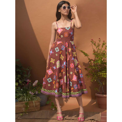 GUAPA Cleopatra Linen Brown Printed Midi Dress