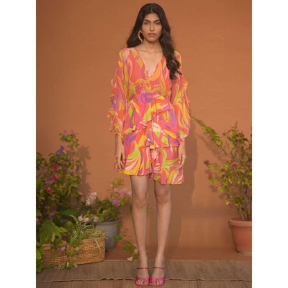 GUAPA Malibu Chiffon Multi-Color Printed Mini Dress