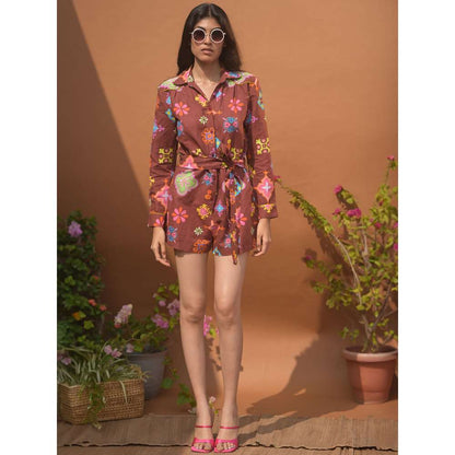 GUAPA Cleopatra Linen Brown Printed Playsuit with Belt (Set of 2)