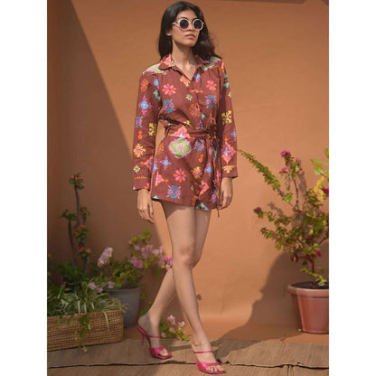 GUAPA Cleopatra Linen Brown Printed Playsuit with Belt (Set of 2)