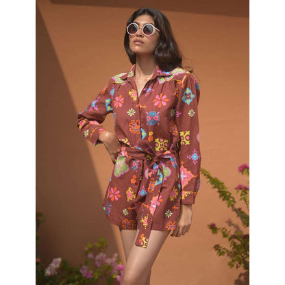 GUAPA Cleopatra Linen Brown Printed Playsuit with Belt (Set of 2)