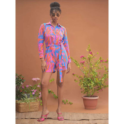 GUAPA Leila Linen Multi-Color Printed Playsuit with Belt (Set of 2)