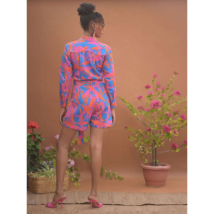 GUAPA Leila Linen Multi-Color Printed Playsuit with Belt (Set of 2)