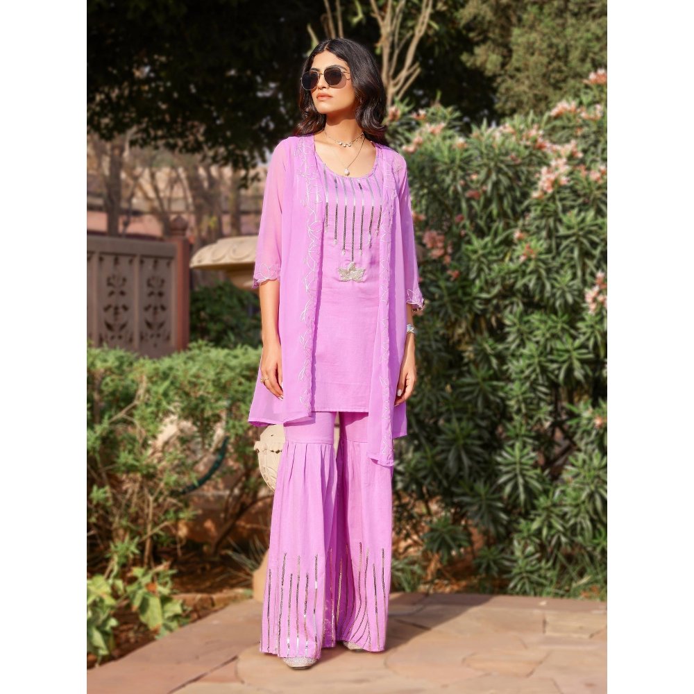 Gulaal Purple Lotus Embroidered Sharara with Kurta and Shrug (Set of 3)