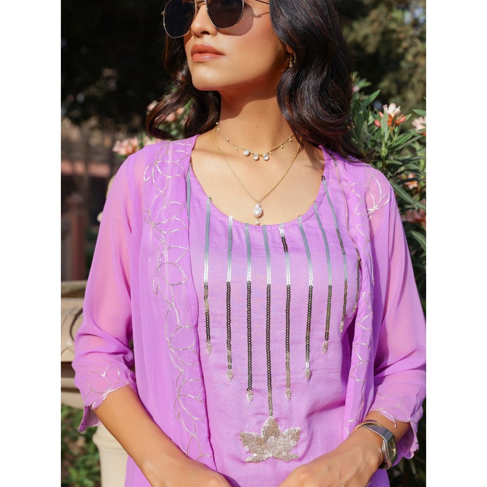 Gulaal Purple Lotus Embroidered Sharara with Kurta and Shrug (Set of 3)