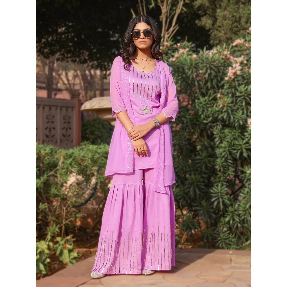 Gulaal Purple Lotus Embroidered Sharara with Kurta and Shrug (Set of 3)