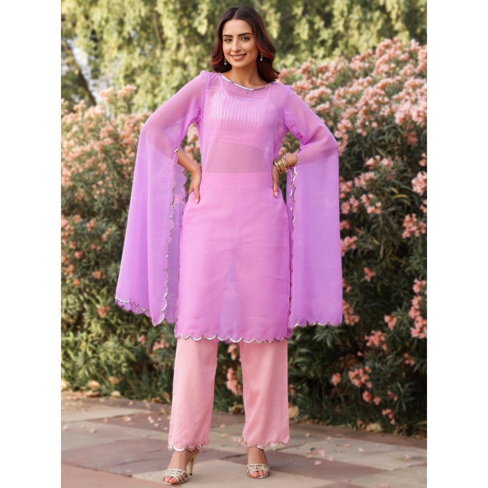 Gulaal Lavender & Baby Pink Sequin Detailed Georgette Kurta with Bralette and Pant (Set of 3)