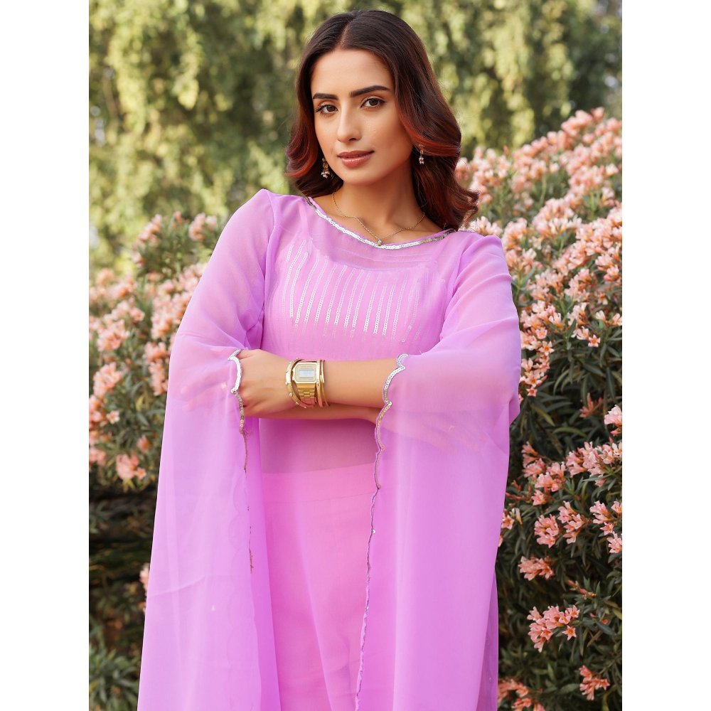 Gulaal Lavender & Baby Pink Sequin Detailed Georgette Kurta with Bralette and Pant (Set of 3)