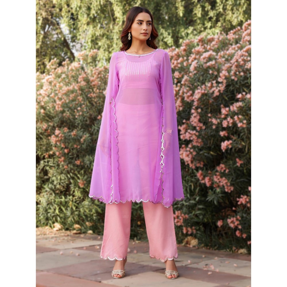 Gulaal Lavender & Baby Pink Sequin Detailed Georgette Kurta with Bralette and Pant (Set of 3)