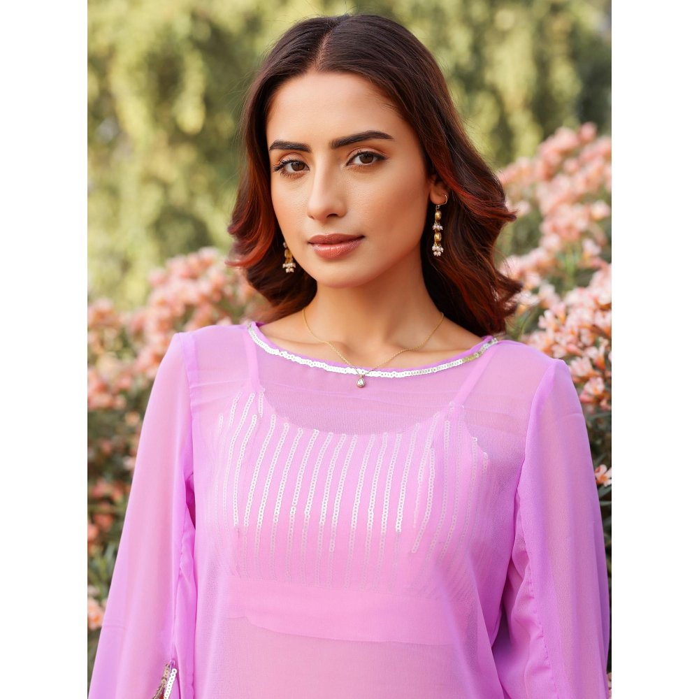 Gulaal Lavender & Baby Pink Sequin Detailed Georgette Kurta with Bralette and Pant (Set of 3)