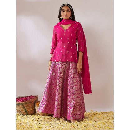 Gulaal Pink Dashashwamedh Banarasi Top with Skirt and Dupatta (Set of 3)