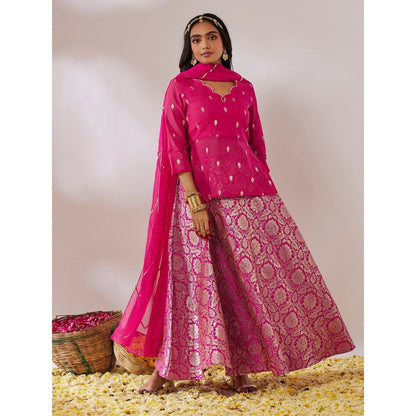 Gulaal Pink Dashashwamedh Banarasi Top with Skirt and Dupatta (Set of 3)