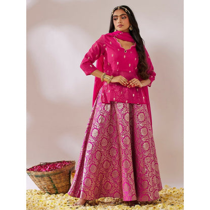 Gulaal Pink Dashashwamedh Banarasi Top with Skirt and Dupatta (Set of 3)