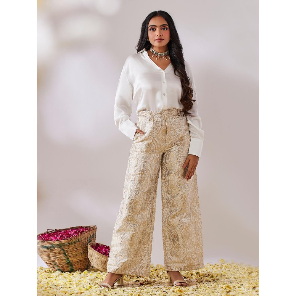 Gulaal Prayag White Plain Shirt With Handwoven Brocade Pant (Set of 2)