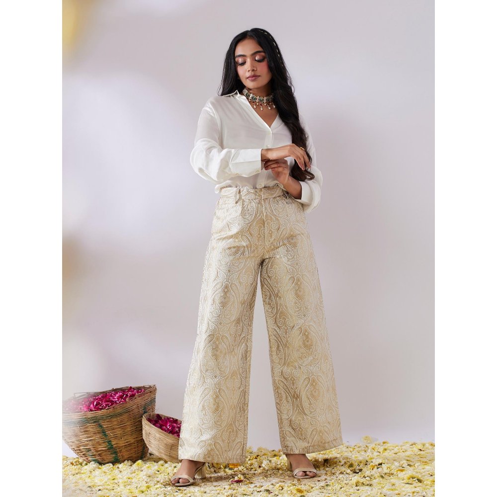 Gulaal Prayag White Plain Shirt With Handwoven Brocade Pant (Set of 2)