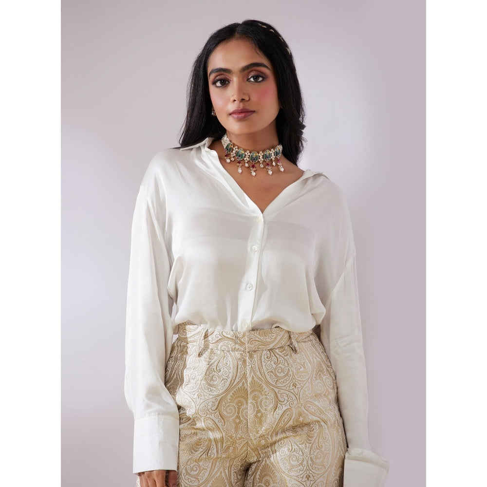 Gulaal Prayag White Plain Shirt With Handwoven Brocade Pant (Set of 2)