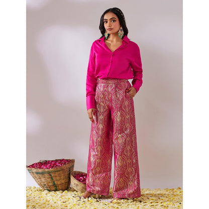 Gulaal Prayag Pink Plain Shirt With Handwoven Brocade Pant (Set of 2)