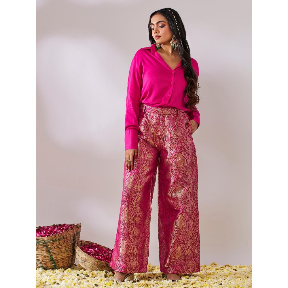 Gulaal Prayag Pink Plain Shirt With Handwoven Brocade Pant (Set of 2)