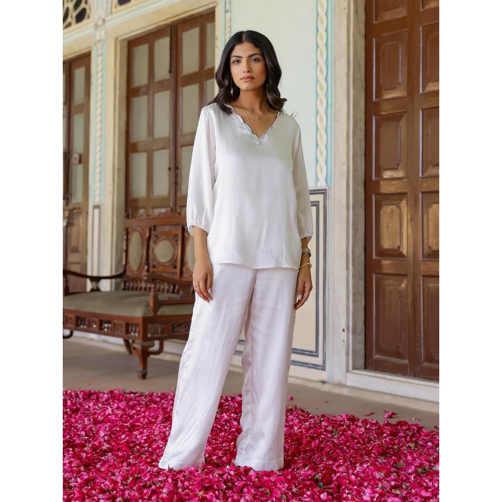 Gulaal White Satin Angel Wing Sequin Top And Pant (Set of 2)