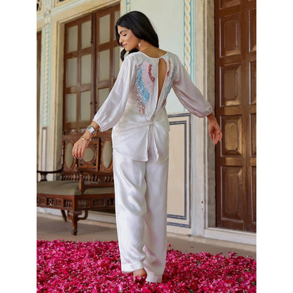 Gulaal White Satin Angel Wing Sequin Top And Pant (Set of 2)