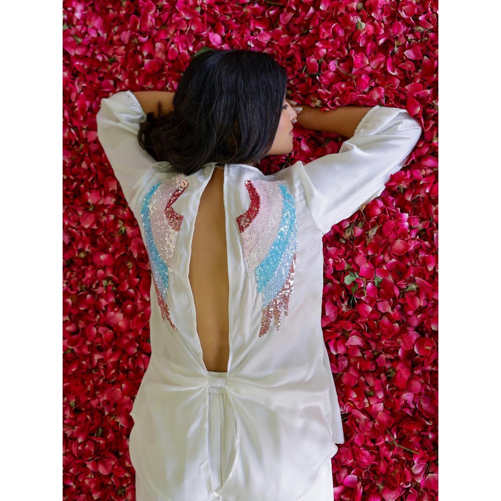 Gulaal White Satin Angel Wing Sequin Top And Pant (Set of 2)