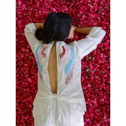 Gulaal White Satin Angel Wing Sequin Top And Pant (Set of 2)