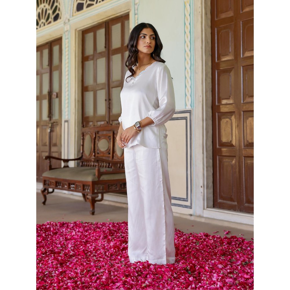 Gulaal White Satin Angel Wing Sequin Top And Pant (Set of 2)