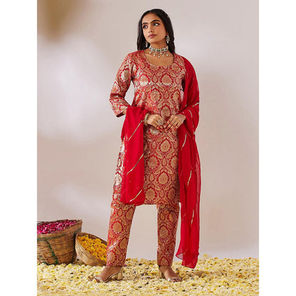 Gulaal Rana Red Banarasi Brocade Straight Kurta with Pant and Dupatta (Set of 3)