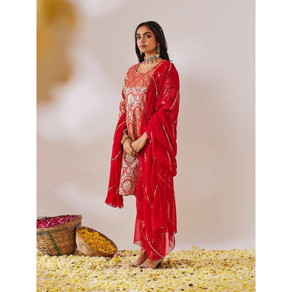 Gulaal Rana Red Banarasi Brocade Straight Kurta with Pant and Dupatta (Set of 3)