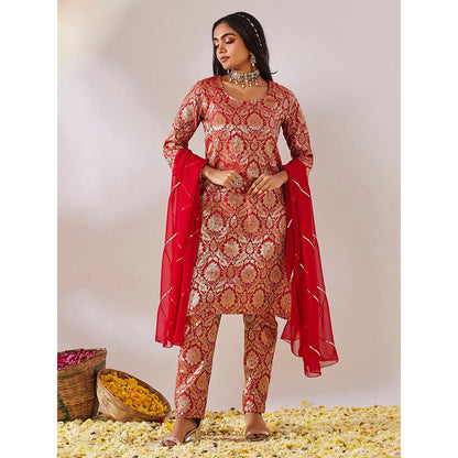 Gulaal Rana Red Banarasi Brocade Straight Kurta with Pant and Dupatta (Set of 3)