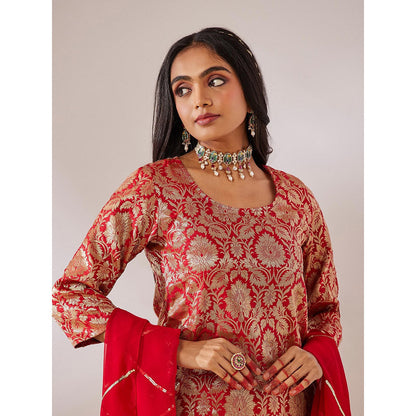 Gulaal Rana Red Banarasi Brocade Straight Kurta with Pant and Dupatta (Set of 3)