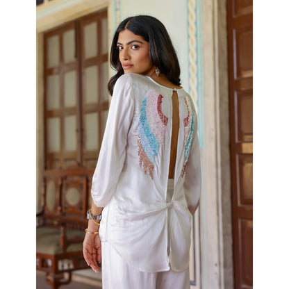 Gulaal White Satin Angel Wing Sequin Top