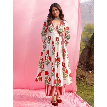 Gulaal Phagun Red Poppy Angrakha Kurta with Palazzo (Set of 2)