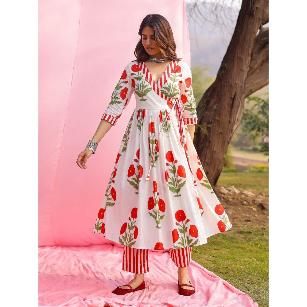 Gulaal Phagun Red Poppy Angrakha Kurta with Palazzo (Set of 2)