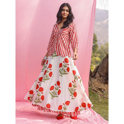 Gulaal Brij Red Poppy And Stripe Shirt with Lehenga (Set of 2)
